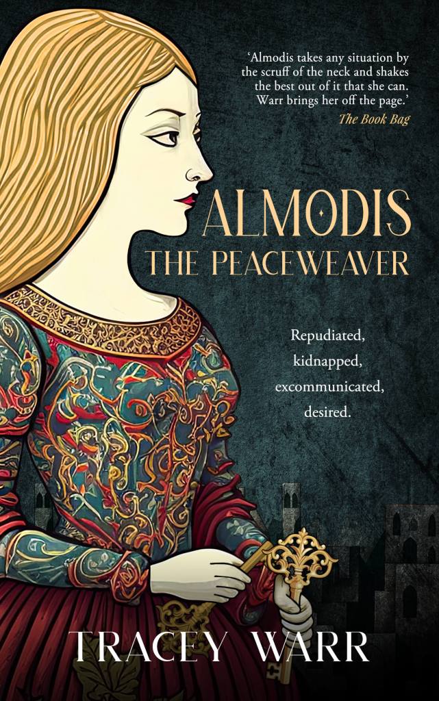 Almodis the Peaceweaver book cover - medieval woman with intricate dress design, blonde hair, holding the city keys