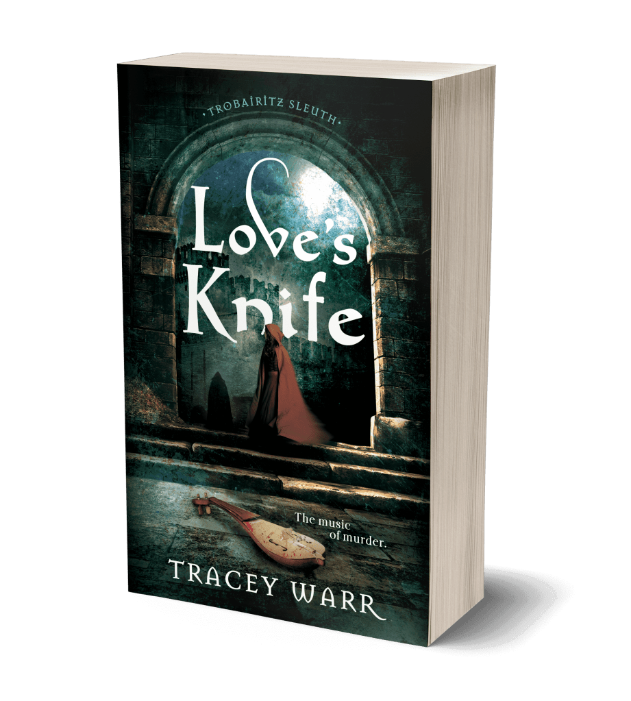Love's Knife book cover - bloodstained musical instrument in the foreground, cloaked and hooded female figure beneath a medieval arch